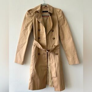 EXC Zara Woman Puff Sleeve Khaki Trench Coat Small Like New 100% Cotton